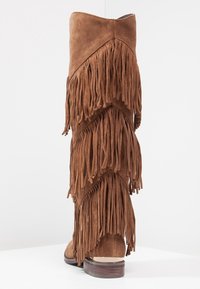 Bota de ante marrón hasta la rodilla con detalles de flecos en capas en la parte posterior, punta redondeada y un tacón bajo apilado.
