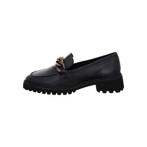 Schwarzer Lederloafer mit grober Sohle und Goldkettendetail über der Oberseite, Seitenansicht vor weißem Hintergrund.