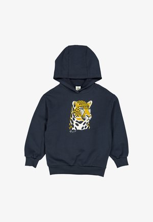 Felpa in cotone blu navy con grafica di leopard in giallo e nero. Presenta una tasca frontale a marsupio e polsini e orlo a costine.