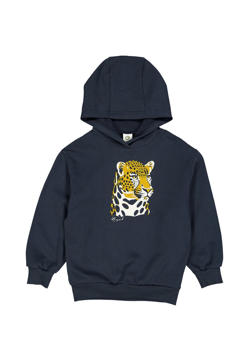 Rento tummansininen puuvillatakki, jossa on leopardi-kuviointi keltaisena ja mustana. Siinä on etupuolen kengurutasku sekä ribbiresorit hihansuissa ja helmassa.