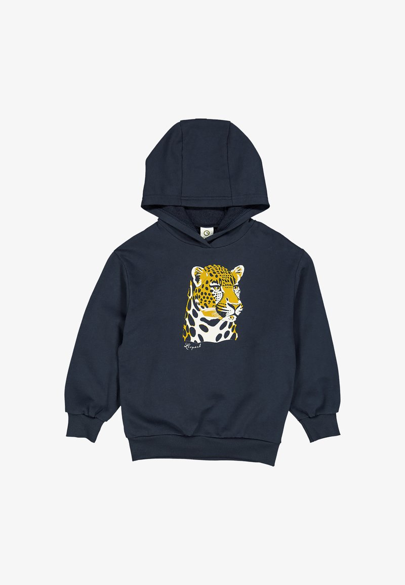 Rento tummansininen puuvillatakki, jossa on leopardi-kuviointi keltaisena ja mustana. Siinä on etupuolen kengurutasku sekä ribbiresorit hihansuissa ja helmassa.