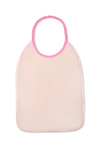 Bavoir étanche rose pâle avec une bordure rose brillante, une encolure arrondie et une texture lisse, conçu pour un nettoyage et un port faciles.