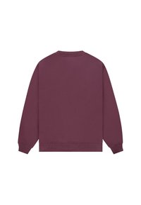 Sudadera color burdeos de corte holgado, con mangas largas, puños y dobladillo acanalados, y una textura suave. Sin gráficos ni patrones visibles en la parte posterior.