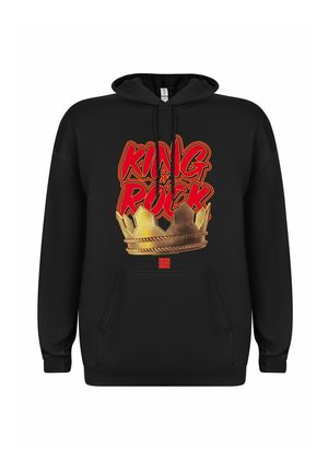 Sudadera negra con un gráfico de una corona dorada y el texto "REY del ROCK" en letras rojas y amarillas en negrita. Incluye un bolsillo tipo canguro en la parte frontal.