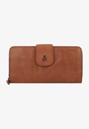 Billetera de cuero marrón con una textura suave, forma rectangular, cierre a presión y un logo de ancla metálico en la parte frontal. Diseño de tipo "zip around".