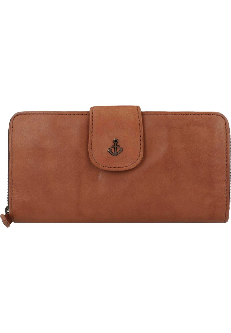 Portafoglio in pelle marrone con una superficie liscia, forma rettangolare, chiusura a scatto e logo di un'ancora in metallo sul davanti. Design con zip tutto intorno.
