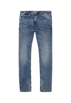 Herreblå slim-fit denimjeans med let falming, fem-lommer-design, knaplukning og bæltestropper.