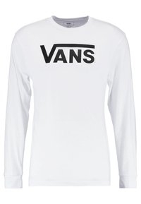 Valkoinen pitkähihaisen t-paita, joka on valmistettu puuvillasta ja jossa on suuri musta "VANS"-logo rinnan kohdalla. Klassinen pyöreä kaula-aukko ja normaali istuvuus.