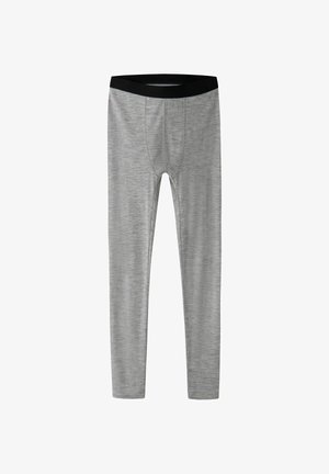Grijze leggings met een gemêleerd textuur, voorzien van een zwarte elastische tailleband en een aansluitend ontwerp. Geen zichtbare patronen of accenten.