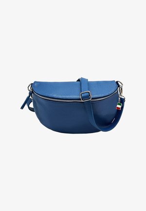 Blauwe leren schoudertas met een afgeronde vorm, ritsluiting en verstelbare schouderband. Opvallende Italiaanse vlag charm aan bevestigd.