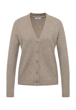 Beige kardiagan i mjukt stickat material, med djup V-urringning, långa ärmar och sex knäppningar fram.