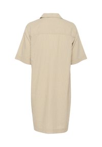 Beige kortärmad skjortklänning med vertikala ränder, avslappnad passform och klassisk krage. Har en rak nertill och mjukt, texturerat tyg.