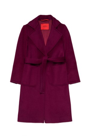 Fuchsia wool coat with a belted waist, large lapels, and two front pockets. Features a smooth texture and a contrasting inner lining.