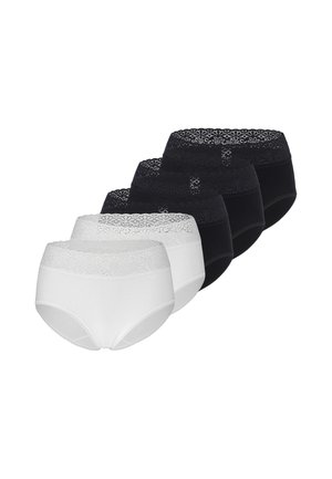 Fünf Damen-Slips mit vollständiger Abdeckung und breiten floralen Spitzenbunds, drei in Schwarz und zwei in Weiß, nebeneinander auf weißem Hintergrund angeordnet.