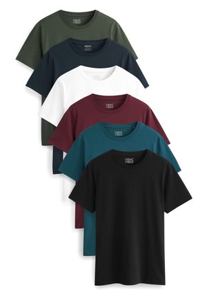 Seks kortærmede t-shirts i forskellige ensfarvede nuancer: mørkegrøn, marineblå, hvid, bourgogne, teal og sort. 100% bomuldsstof, rund halsudskæring.