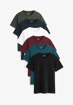 Six short-sleeve t-shirts in various solid colors: dark green, navy, white, burgundy, teal, and black. Cotton fabric, crew neck design.