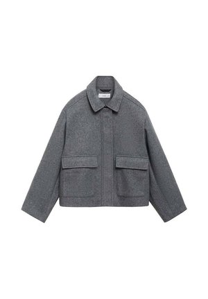 Veste grise courte en tissu texturé avec un col, des manches longues et deux poches avant. Présente un design épuré et minimaliste.