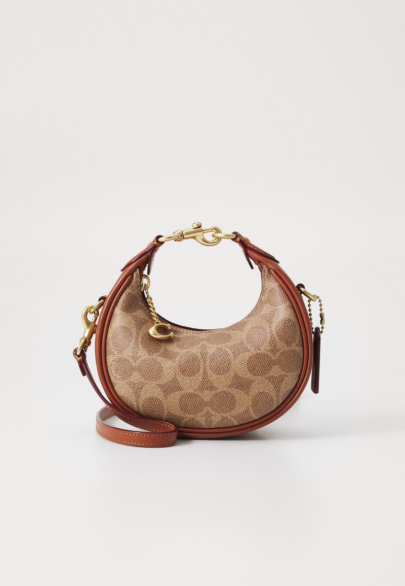 Borsa a tracolla marrone con motivo, dalla forma semicircolare, con dettagli in pelle, hardware dorato e una tracolla rimovibile.