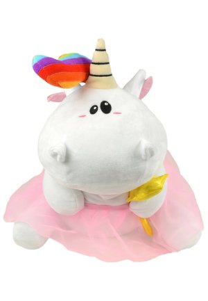 Weißes Plüscheinhorn mit schwarzen Augen und Rouge, gestreiftem Horn, Regenbogen-Herz Accessoire, rosa Tüllrock, hält einen kleinen gelben Zauberstab.