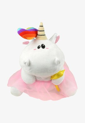 White plush unicorn with black eyes and blush, striped horn, rainbow heart accessory, pink tulle skirt, holding small yellow wand.