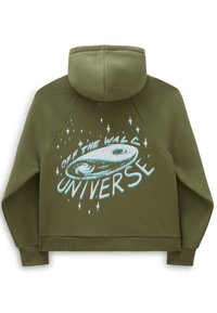 Sudadera verde oliva con un diseño gráfico de una galaxia en espiral y estrellas, con el texto "OFF THE WALL" y "UNIVERSE" en azul claro.