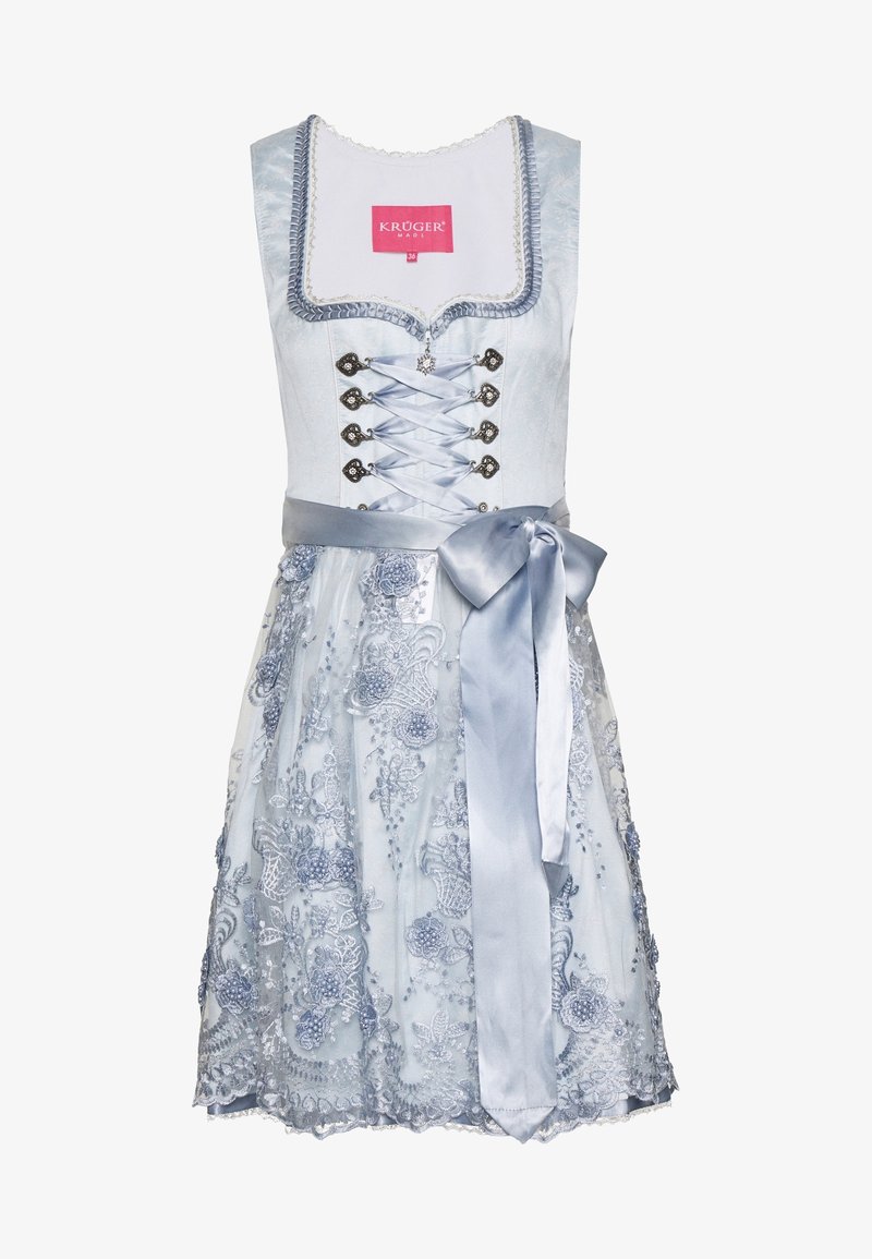Robe dirndl bleu clair avec une superposition en dentelle florale, un laçage en ruban satin sur le corsage, et un grand nœud en satin noué à la taille.