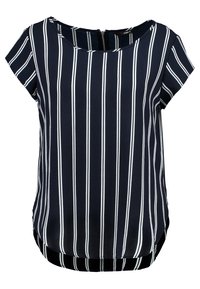 Blusa blu navy a maniche corte con strisce verticali bianche. Collo tondo con zip sul retro e orlo leggermente curvato.