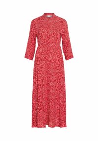 Robe midi rouge à manches longues avec des pois blancs irréguliers, boutonnée sur le devant et taille cintrée.