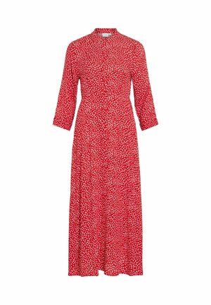 Rdeča midi obleka z dolgimi rokavi, belo nepravilne pikaste pike, spredaj z gumbi in poudarjenim pasom.