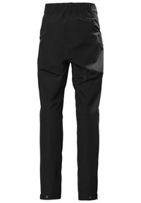 Zwarte waterdichte broek met een elastische tailleband, een taps toelopend ontwerp en drukknoopsluitingen bij de enkels voor een verstelbare pasvorm en comfort.