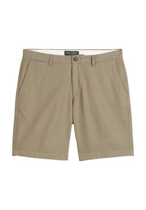 Beige shorts van gestructureerde stof met een knoopsluiting, riemlussen en zijzakken. Strak ontwerp met een op maat gemaakte zoom.