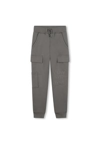 Grijze cargobroek met een elastische tailleband, trekkoord, zijzakken en twee frontale cargozakken. Beschikt over een reliëfmerktekst op de dij.