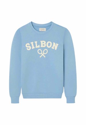 Sudadera azul clara con texto blanco "SILBON" y gráfico de raquetas de tenis cruzadas en el frente, cuello redondo y mangas largas.