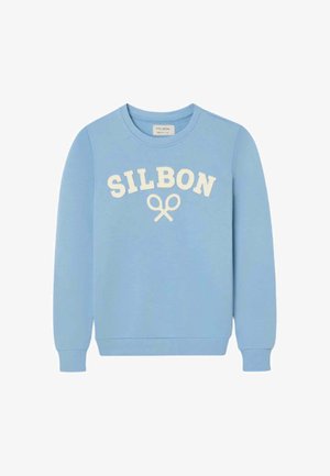 Sudadera azul clara con texto blanco "SILBON" y gráfico de raquetas de tenis cruzadas en el frente, cuello redondo y mangas largas.