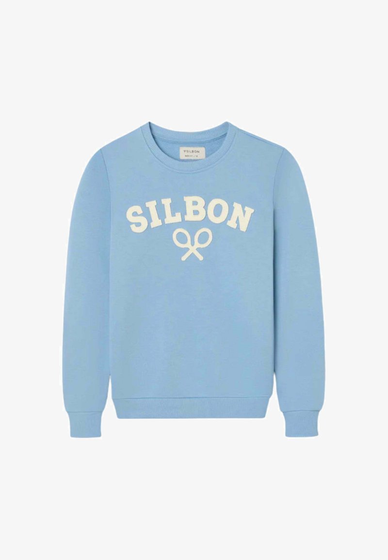 Sudadera azul clara con texto blanco "SILBON" y gráfico de raquetas de tenis cruzadas en el frente, cuello redondo y mangas largas.