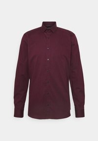 Bordeaux dlouhá rukáv košile vyrobená z texturované tkaniny, s klasickým límečkem, knoflíkovou légu a černými knoflíky pro zapínání.