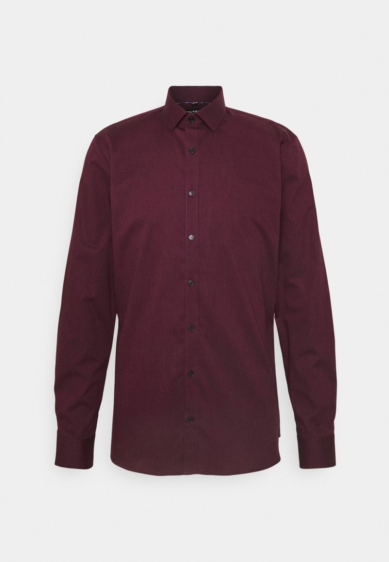 Burgundy långärmad skjorta i strukturerad tyg, med klassisk krage, knappslå och svarta knappar för stängning.