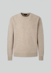 Maglione lavorato a maglia beige con scollo rotondo, maniche lunghe e polsini e orlo a coste. Presenta un piccolo logo sul petto. Tessuto morbido.