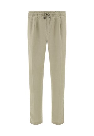Pantalon décontracté beige avec taille élastique et cordon de serrage, coupe droite, plis avant et poches latérales.