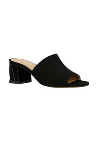 Mules noires à bout ouvert avec une finition en daim, présentant un dessus courbé et un design de talon bloc géométrique en noir mat.