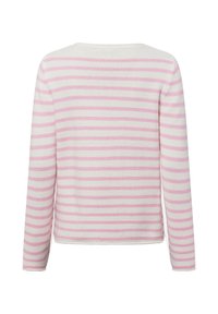 Langsleeve top met horizontale roze en witte strepen. Gebreide stof met een gemêleerd patroon, ronde halslijn en een rechte snit.