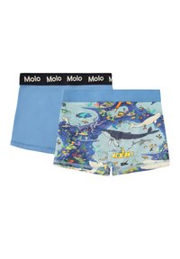 Two pairs of boys' boxer briefs, one solid light blue with black waistband and white "Molo" text, the other ocean-themed with marine animals and a yellow submarine.