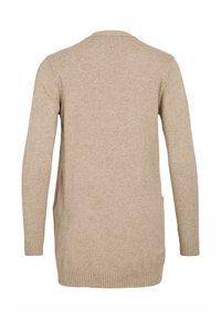 Beige knitted cardigan with long sleeves, rounded neckline, and side pockets; features ribbed cuffs and hem for added texture.