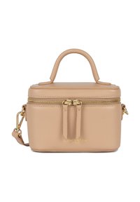 Beige leren cosmetica tas met een gestructureerd ontwerp, een handvat aan de bovenkant, een dubbele ritsluiting en een gouden accentlogo aan de voorkant.