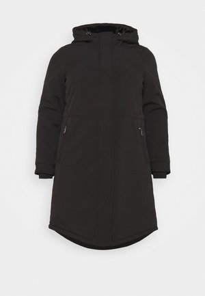 Manteau noir long avec capuche, doté de poches latérales zippées, de cordons de serrage ajustables et de poignets côtelés. Tissu lisse et doublé au design élégant.
