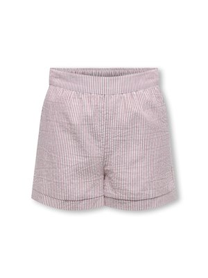 Pink and white vertical striped high-waist shorts with elastic waistband and cuffed hems on a white background.