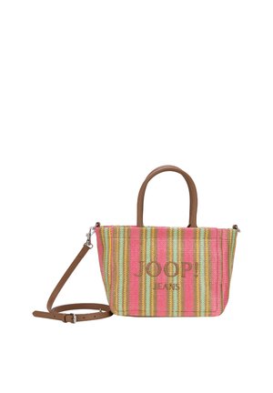 Bolso tote a rayas rosa, amarillo y verde con asas marrones y correa ajustable, con el logotipo "JOOP! JEANS" en la parte frontal.