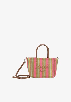 Gestreifte Tragetasche in Pink, Gelb und Grün mit braunen Griffen und verstellbarem Gurt, vorne mit "JOOP! JEANS"-Logo gebrandet.