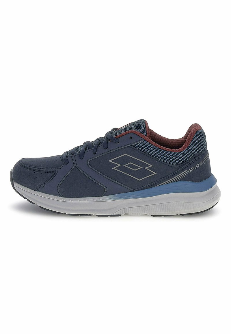 Navy blue athletic shoes with a mesh upper, padded collar, and gray accents. Features a white midsole and textured rubber outsole.