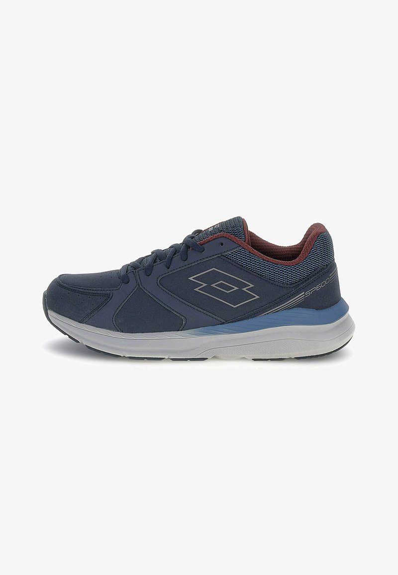Navy blue athletic shoes with a mesh upper, padded collar, and gray accents. Features a white midsole and textured rubber outsole.